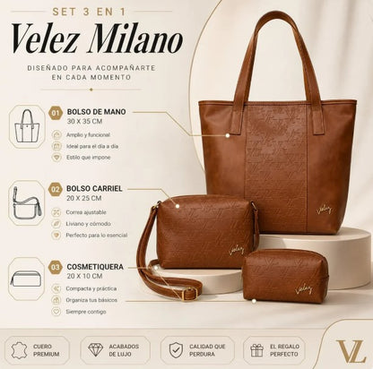 Kit de 3 Carteras de cuero Velez Milano - Lanzamiento Exclusivo con 50% de Descuento